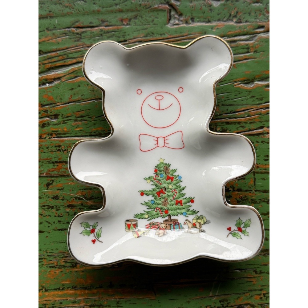 Christmas Tree Bear Shaped Holiday Hostess Trinket  Candy Jewelry Dish Japan 6"